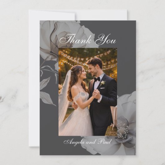 Photo Wedding Flat Thank You Card Dark Grey Roses Bedankkaart (Voorkant)