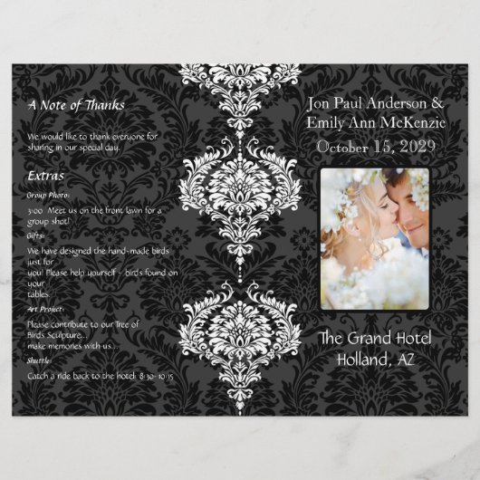Photo Wedding Program Black Grey & White Damask (Voorkant)
