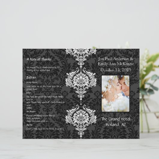 Photo Wedding Program Black Grey & White Damask (Staand voorkant)