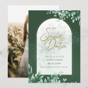 PHOTO Wedding Save the Date Rustic Botanical Green Kaart
