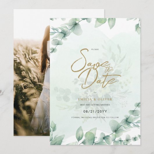 PHOTO Wedding Save the Date Rustic Botanical Green Kaart (Voorkant / Achterkant)