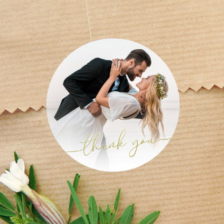 Photo Wedding Thank You Gold Script Circle Ronde Sticker
