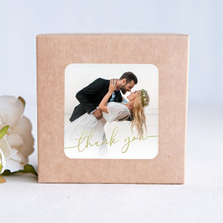 Photo Wedding Thank You Gold Script Favor Vierkante Sticker