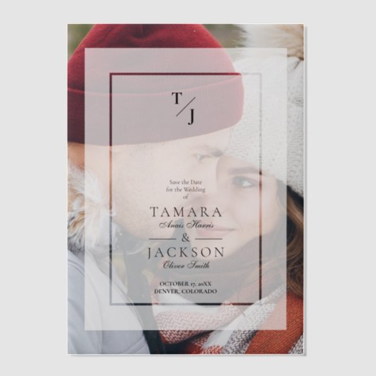 Photo Wedding Vellum Transparency Effect Initials Vellum Uitnodigingen (Voorkant)