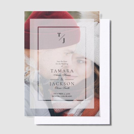 Photo Wedding Vellum Transparency Effect Initials Vellum Uitnodigingen (Offset)