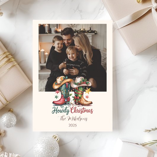 Photo Western Cowboy Boots Rustic Howdy Christmas Feestdagenkaart