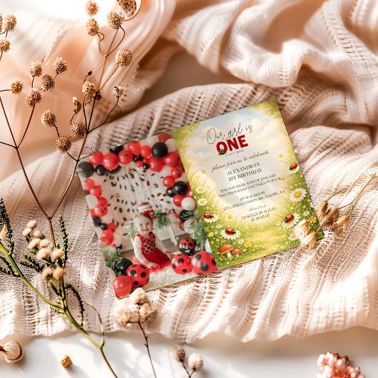 Photo Whimsical Garden Lady Bug 1st Birthday Kaart