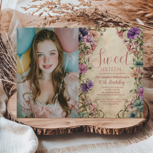 Photo Whimsical Pastel Wildflower Sweet 16 Kaart
