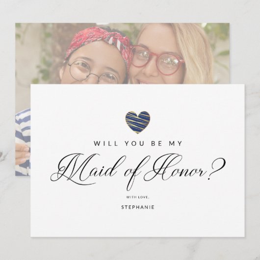 Photo Will You Be My Maid of Honor Navy Heart (Voorkant / Achterkant)
