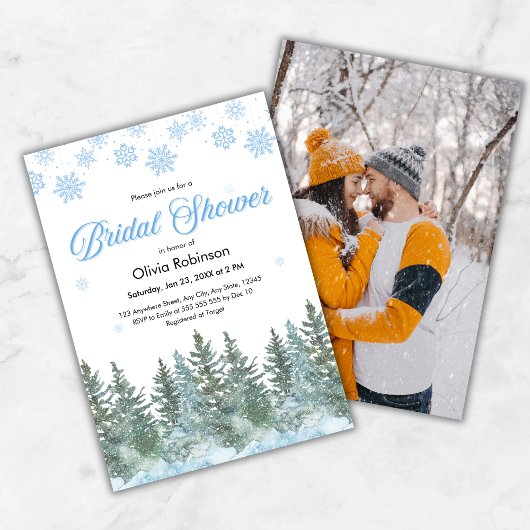Photo Winter Pine Trees Snowflakes Bridal Shower Kaart