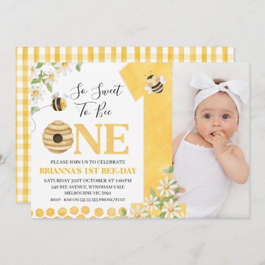 Photo Yellow Daisy Bee First Bee-day Birthday Kaart (Voorkant / Achterkant)