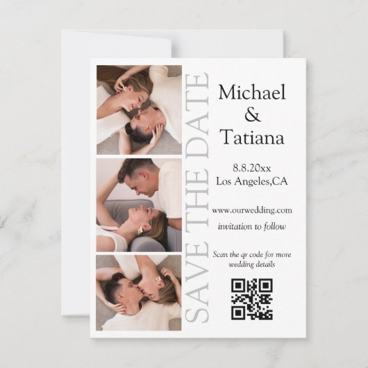 PhotoBooth Modern Script 3 foto's QR-code minimaal Save The Date (Voorkant)