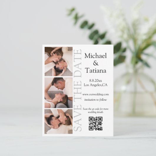 PhotoBooth Modern Script 3 foto's QR-code minimaal Save The Date (Staand voorkant)