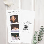 Photobooth Strip QR Code Bruiloft Save the Date<br><div class="desc">Een moderne minimalistische photobooth strip stijl bruiloft opslaan van de datum aankondiging. met ruimte voor 3 van uw favoriete foto's en QR code voor uw bruiloft website.</div>