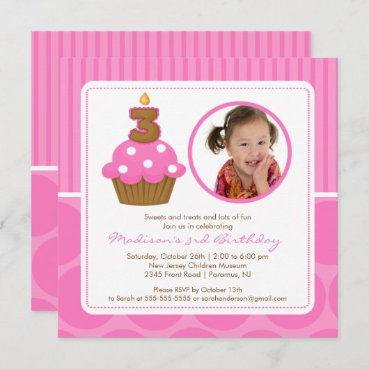 PhotoCupcake Birthday Invitation 3rd Birthday Pink Kaart (Voorkant / Achterkant)