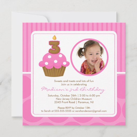 PhotoCupcake Birthday Invitation 3rd Birthday Pink Kaart (Voorkant)