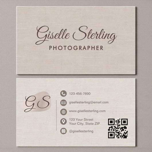 Photographer Beige Linen Modern Elegant QR Code Visitekaartje