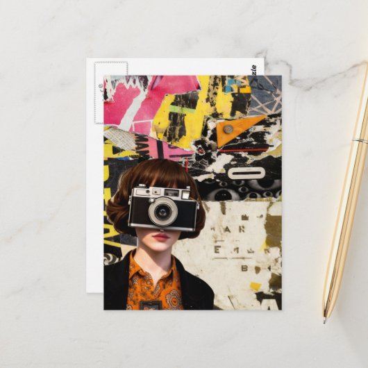 Photographer Woman Grunge Mixed Media Collage  Briefkaart (Voorkant / Achterkant in situ)
