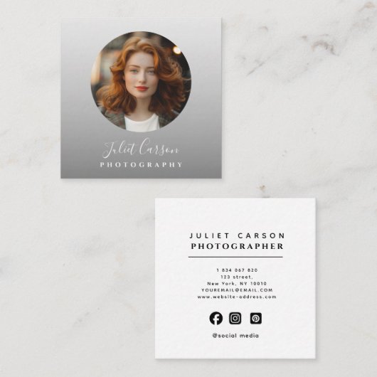 Photography Calligraphy Script Circle Photo   Vierkante Visitekaartje (Voorkant / Achterkant)