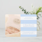 PHOTOKAART VOOR BLAUWE STRIPE BIRTH ANNOUNCTION AANKONDIGING (Staand voorkant)