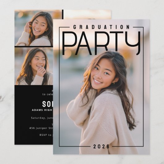 PhotoPop Chic Graduation Party Kaart (Voorkant / Achterkant)