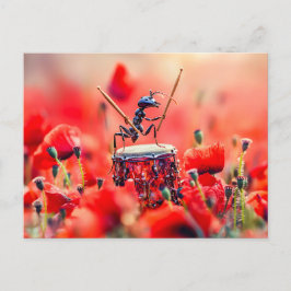 Photorealistic Ant Playing Drums in a Poppy Field Briefkaart