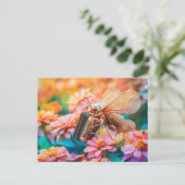 Photorealistic Cicada Playing Accordion inZinnia Briefkaart (Staand voorkant)