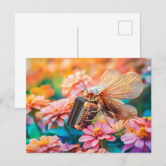 Photorealistic Cicada Playing Accordion inZinnia Briefkaart (Voorkant / Achterkant)