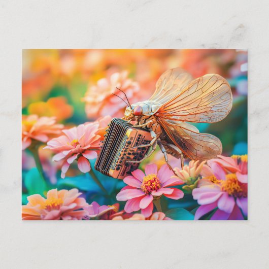 Photorealistic Cicada Playing Accordion inZinnia Briefkaart (Voorkant)