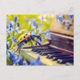 Photorealistic Oil Beetle Playing Piano Among Blue Briefkaart
