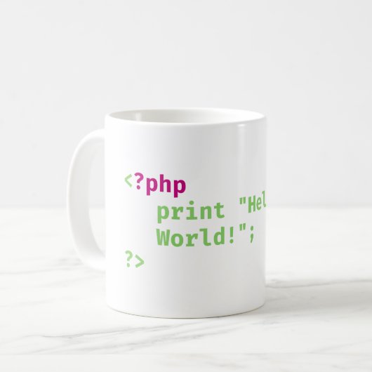 php - print hallo wereld - Codeerun Koffiemok (Voorkant links)