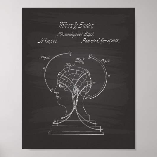 Phrenological Bust 1856 Patent Art Chalkboard Poster (Voorkant)