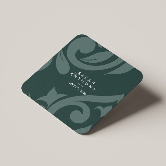 Phthalo Green Classic Script Damask Wedding Kartonnen Onderzetters