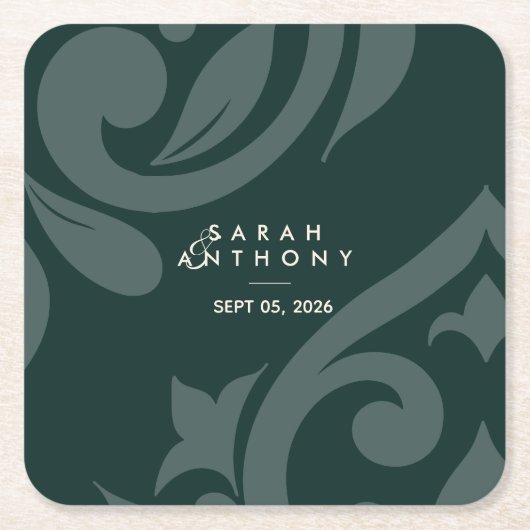 Phthalo Green Classic Script Damask Wedding Kartonnen Onderzetters (Voorkant)