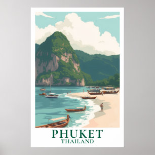 Phuket Thailand Vintage Reis Longtail Boot Strand Poster