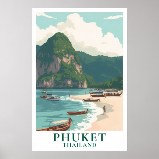 Phuket Thailand Vintage Reis Longtail Boot Strand Poster (Voorkant)