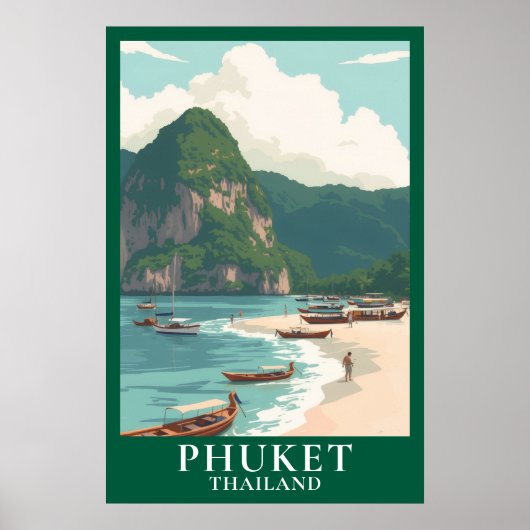 Phuket Thailand Vintage Reis Longtail Boot Strand Poster (Voorkant)