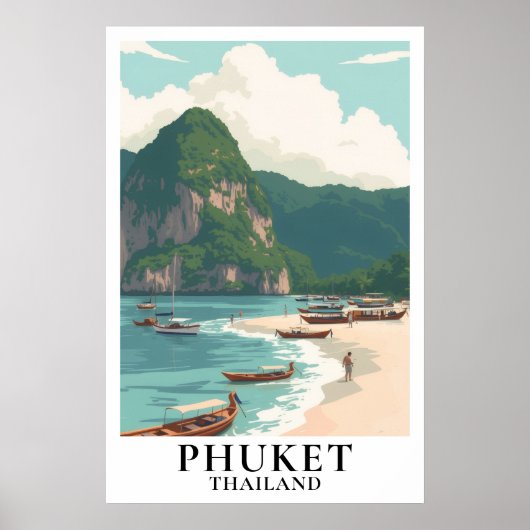 Phuket Thailand Vintage Reis Longtail Boot Strand Poster (Voorkant)