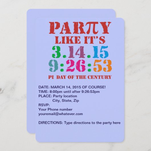 Pi-daagse uitnodiging 2015 partij zoals 3.14.15 9: (Voorkant / Achterkant)