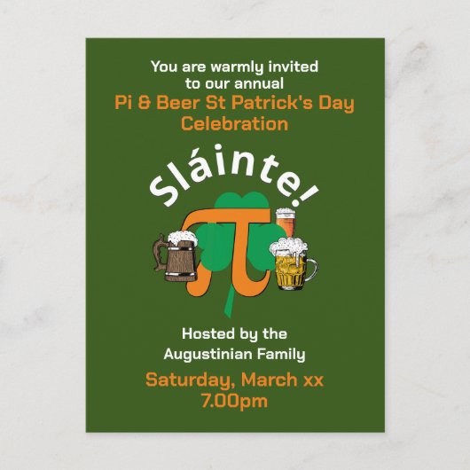PI EN BEER ST PATRICKS DAG Uitnodiging Briefkaart (Voorkant)