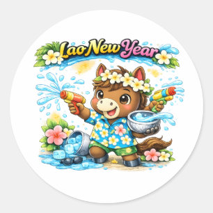 Pi Mai Lao Cute Paard Waterfestival T-shirt Ronde Sticker