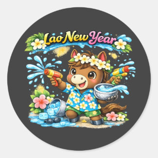 Pi Mai Lao Cute Paard Waterfestival T-shirt Ronde Sticker