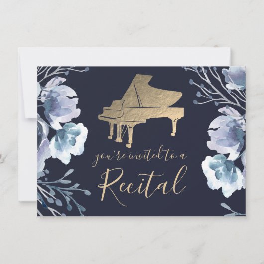 piananolblauwe waterverf florale uitnodiging (Voorkant)