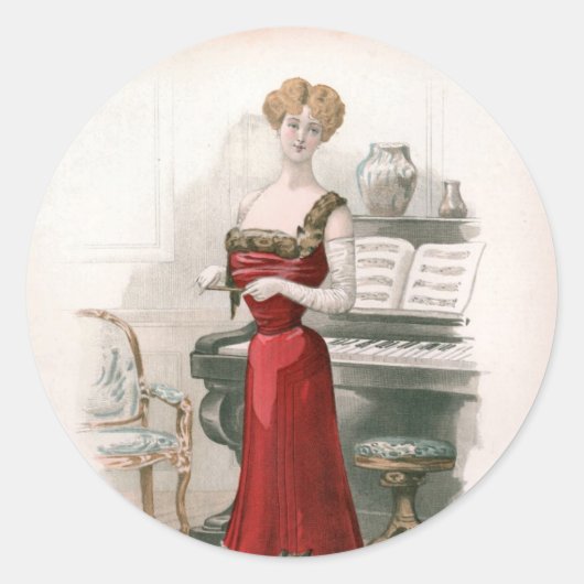 Pianist  Edwardian Mode Illustratie Ronde Sticker (Voorkant)