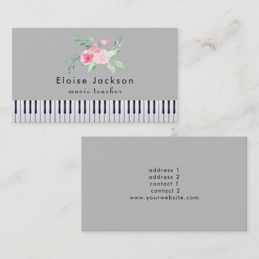 Pianist roze boeket en grijs visitekaartje (Voorkant / Achterkant)