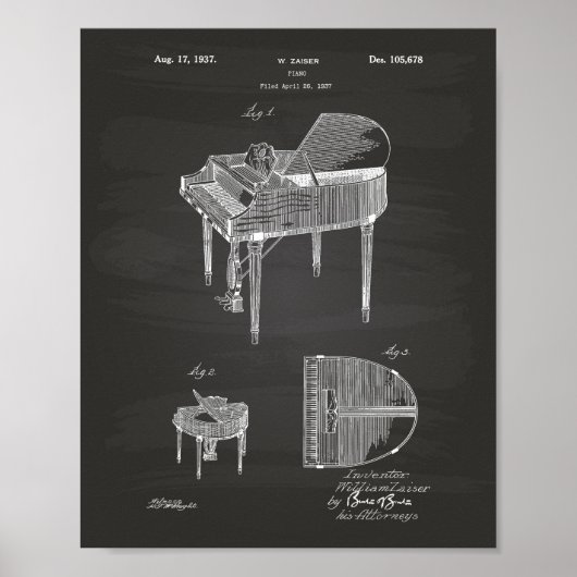 Piano 1937 Patent Art Chalkboard Poster (Voorkant)