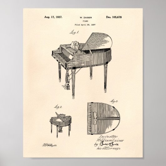 Piano 1937 Patent Art Old Peper Poster (Voorkant)