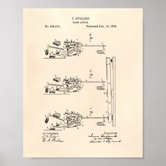 Piano Action 1886 Patent Art Old Peper Poster (Voorkant)