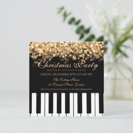 Piano Bar-kerstfeestjes met gouden lampjes Kaart (Staand voorkant)
