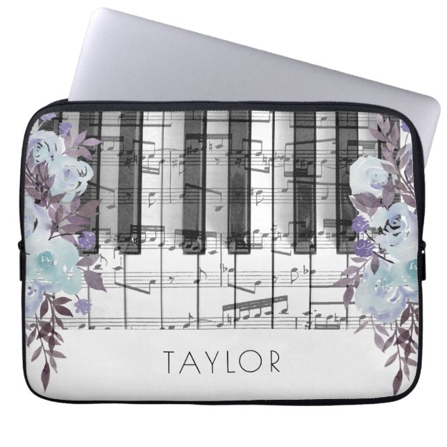 Piano blauwe bloemen aangepaste naam laptop sleeve (Voorkant)